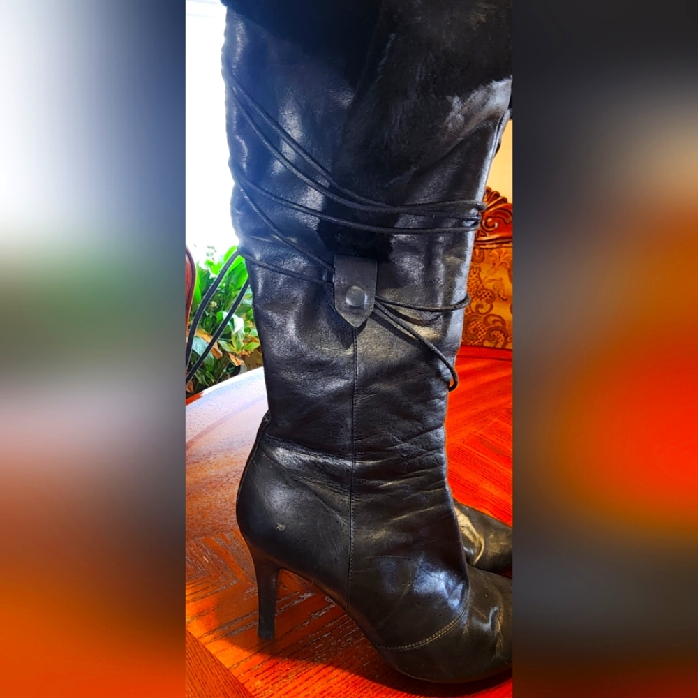 Nine West NW Jaydon Black Leather Boots with Rabbit Fur